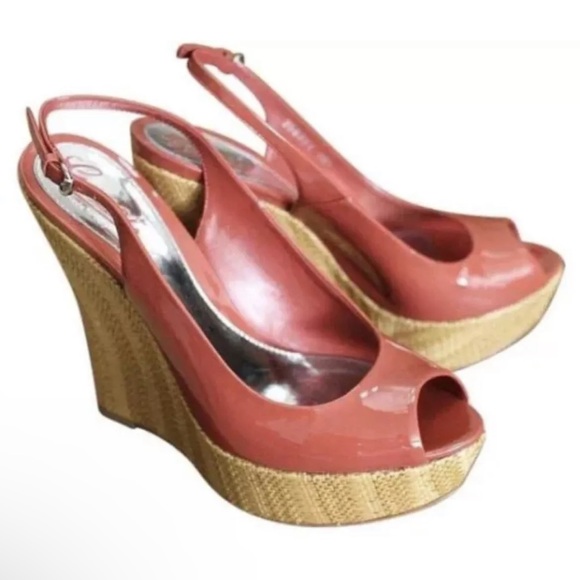 NEW IN BOX GUCCI PATENT LEATHER PLATFORM WEDGES CORAL SZ 7 - Picture 4 of 11